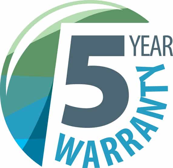 Circular badge with various shades of blue and green, featuring a large number 5 in the center. The words YEAR appear above and WARRANTY is written vertically on the right side.