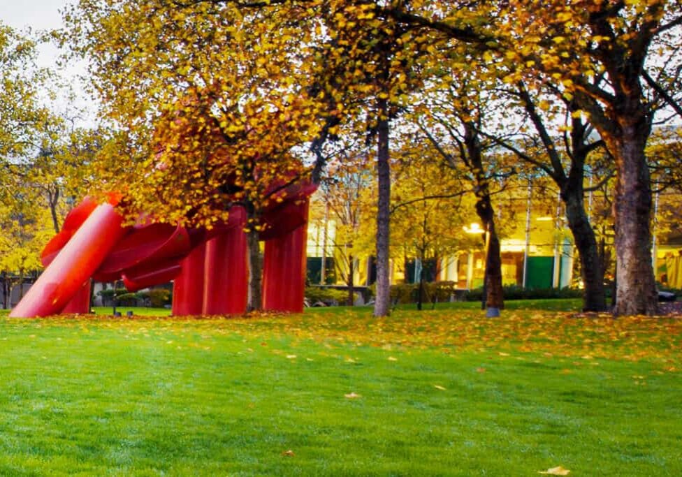A grassy park with several large trees and a bright red abstract sculpture, designed by a leading Seattle Landscaping Company. Autumn leaves cover the ground while a building with lit windows stands in the background.